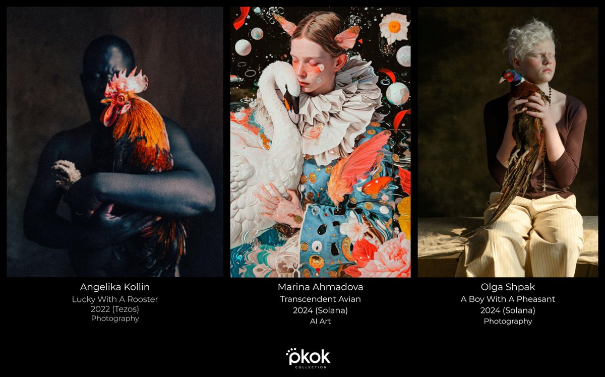 From the Pkok Collection:  

1. Lucky With A Rooster 
by <a href="/AngelikaKollin/">Angelika Kollin</a>  2022 (Tezos) 
-Photography-  

2. Transcendent Avian 
by <a href="/ahmadova_marina/">Marina Ahmadova</a>  2024 (Solana) 
-AI Art-  

3. A Boy With A Pheasant 
by <a href="/OlgaShpakArt/">Olga Shpak</a>  2024 (Solana)  
-Photography-