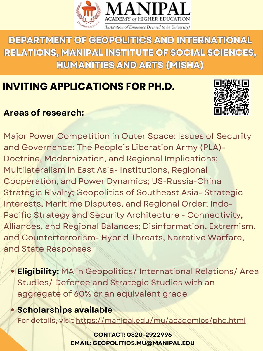 Dept of GIR, MAHE (@girmanipal) on Twitter photo PhD Applications Open!
The Department of Geopolitics and International Relations <a href="/MAHE_Manipal/">Manipal Academy of Higher Education</a> invites aspiring scholars to apply for its PhD program. Join our vibrant academic community engaged in critical research on global affairs
#PhD #Geopolitics #InternationalRelations PhD Applications Open!
The Department of Geopolitics and International Relations <a href="/MAHE_Manipal/">Manipal Academy of Higher Education</a> invites aspiring scholars to apply for its PhD program. Join our vibrant academic community engaged in critical research on global affairs
#PhD #Geopolitics #InternationalRelations