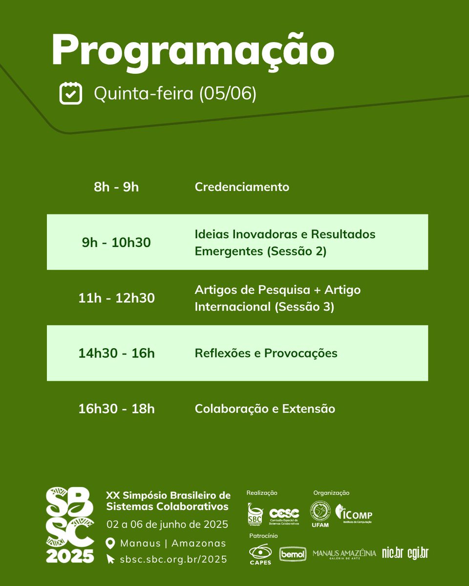 sbc_cesc's tweet photo. 📢 Programação SBSC 2025 - Dia 05/06 (quinta-feira) https://t.co/1XEdspgqwL