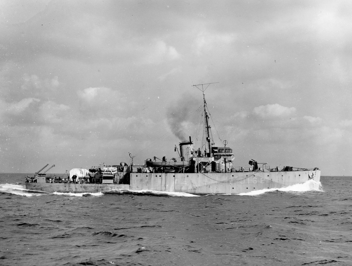 #OTD 5/6/1944 #RememberRCN -With darkness as cover, the 31st Minesweeping Flotilla consisting of 10 Bangor class minesweepers, commanded by A/Cdr A. H. G. Storrs, RCNR, in HMCS CARAQUET are part of 16 RCN minesweepers clearing approaches to the Normandy beaches prior to D-Day.