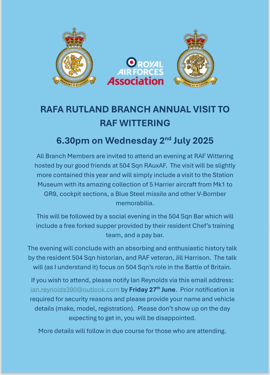 Branch Annual Visit to RAF Wittering - 2nd July - 6.30pm.

More details to follow