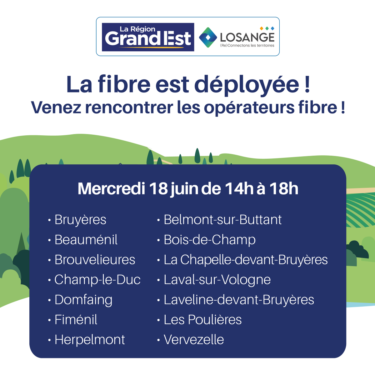 LosangeFibre's tweet photo. [PERMANENCE OPÉRATEURS] 🚀 Passez à la vitesse supérieure à Bruyères et alentours avec la #fibre optique !

🗓Une permanence opérateurs se tiendra :
Mercredi 18 juin de 14h à 18h
Maison des Associations (Salle de convivialité)
19B rue du Général de Gaulle à Bruyères https://t.co/DR8q88xkwN