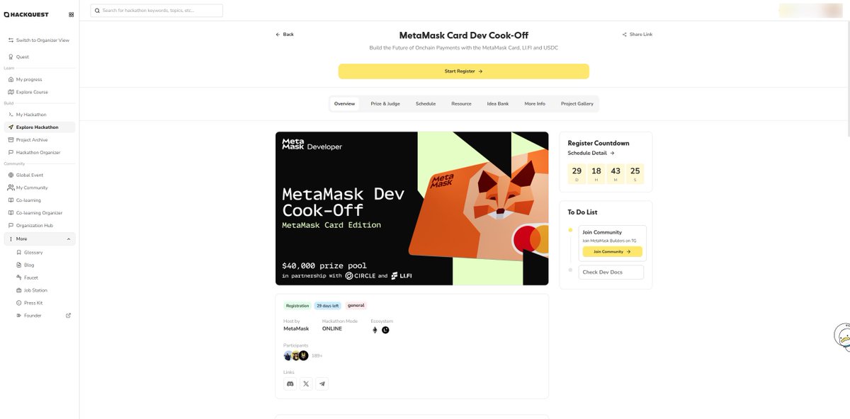HackQuest (@hackquest_) on Twitter photo MetaMask Dev Cook-Off is BACK 🦊
Build with <a href="/MetaMask/">MetaMask.eth 🦊</a> @Circle <a href="/lifiprotocol/">LI.FI</a> for $40K prize pool 🙌
Focus areas 📌
💳 <a href="/MetaMask/">MetaMask.eth 🦊</a> Card real-world use cases
💲 USDC for payments & payouts
💡 <a href="/lifiprotocol/">LI.FI</a> integrations
Register NOW 👇
hackquest.io/hackathons/Met… MetaMask Dev Cook-Off is BACK 🦊
Build with <a href="/MetaMask/">MetaMask.eth 🦊</a> @Circle <a href="/lifiprotocol/">LI.FI</a> for $40K prize pool 🙌
Focus areas 📌
💳 <a href="/MetaMask/">MetaMask.eth 🦊</a> Card real-world use cases
💲 USDC for payments & payouts
💡 <a href="/lifiprotocol/">LI.FI</a> integrations
Register NOW 👇
hackquest.io/hackathons/Met…