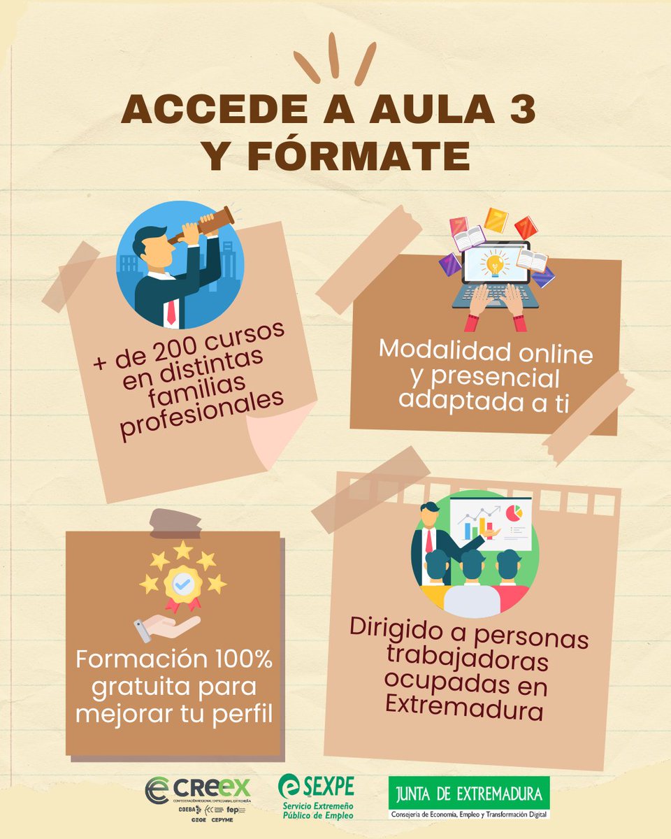 📣 ¡ACCEDE A AULA 3 Y FÓRMATE! 🎓✨
✅ + de 200 cursos en distintas familias profesionales
✅ Modalidad online y presencial
✅ Formación 100% gratuita 
✅ Dirigido a personas trabajadoras ocupadas en Extremadura
🔍 Consulta toda la oferta formativa en 
👉 aulatr3s.es