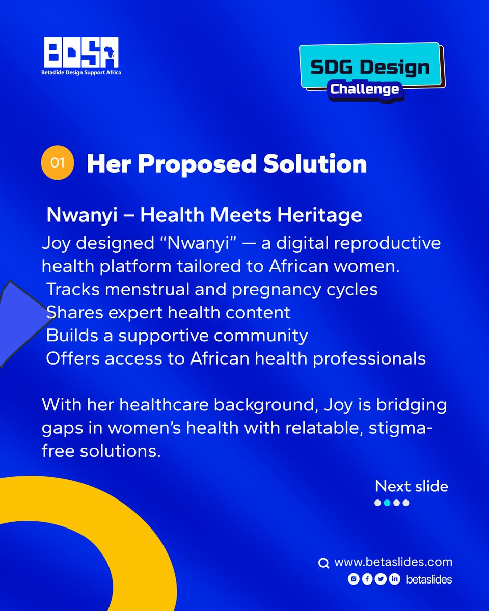betaslides_'s tweet image. Joy’s design, Nwanyi, focuses on SDG 3 &amp;amp; 5—bringing health education + gender equality to the forefront.
She combined her healthcare background + design skills to create a safe space for African women.
We love to see it 
#Betaslides #SDGChallenge #DesignForChange