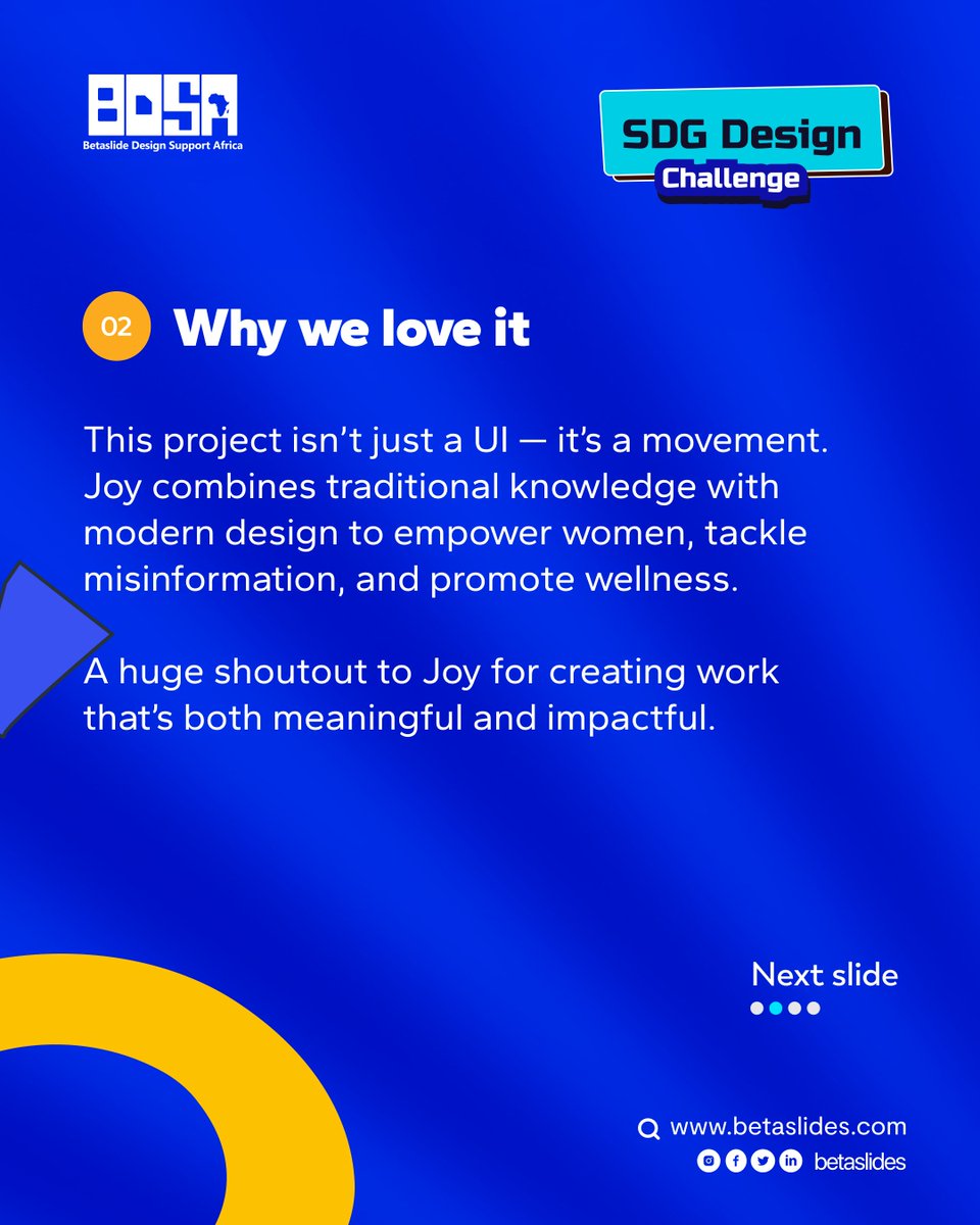 betaslides_'s tweet image. Joy’s design, Nwanyi, focuses on SDG 3 &amp;amp; 5—bringing health education + gender equality to the forefront.
She combined her healthcare background + design skills to create a safe space for African women.
We love to see it 
#Betaslides #SDGChallenge #DesignForChange