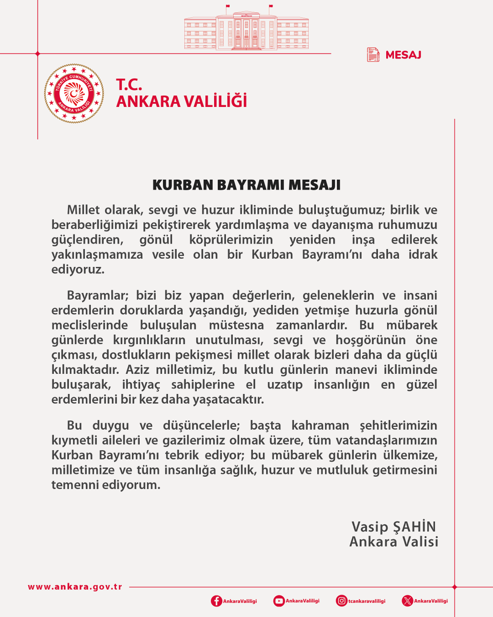 Vali Vasip ŞAHİN'in Kurban Bayramı Mesajı;  
   "..Bayramlar; bizi biz yapan değerlerin, geleneklerin ve insani erdemlerin doruklarda yaşandığı, yediden yetmişe huzurla gönül meclislerinde buluşulan müstesna zamanlardır... "