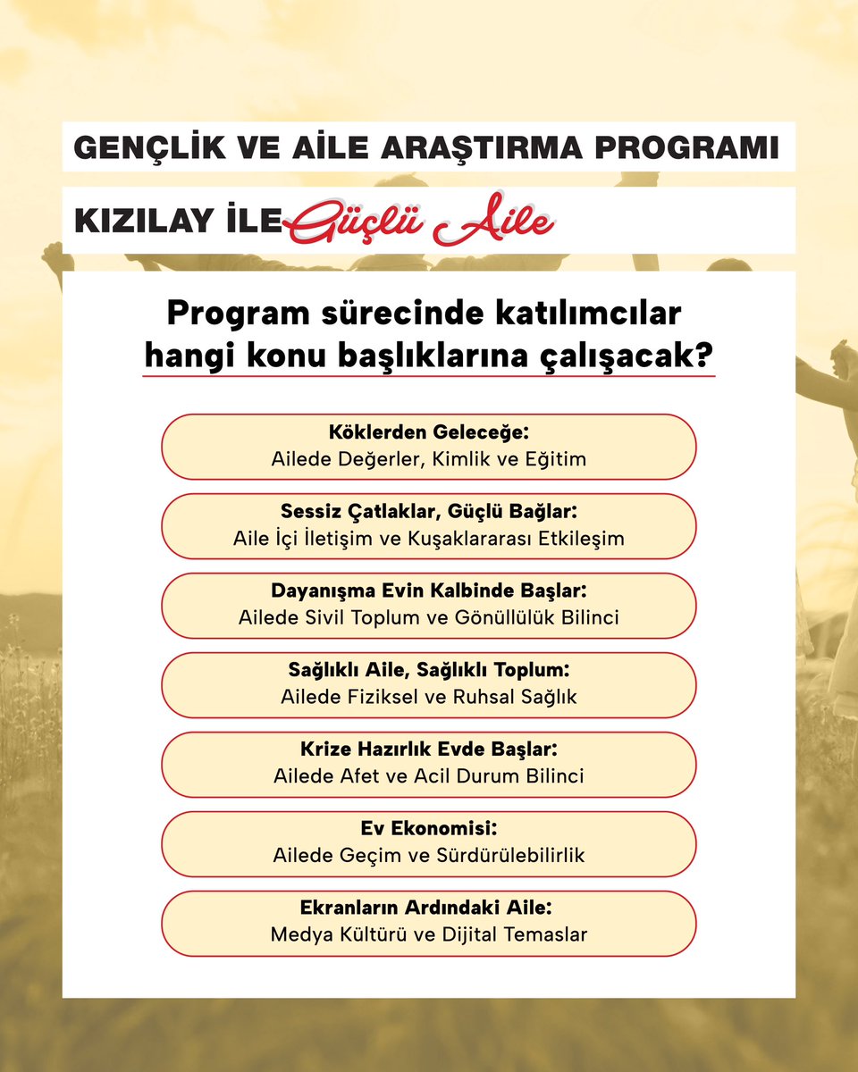 genckizilay's tweet photo. Genç Kızılay Akademi: Gençlik ve Aile Araştırma Programı Başlıyor!

Türkiye’nin 7 bölgesinden seçilecek 70 genç gönüllüyü araştırmacı kimlikleriyle güçlendiren ve akademiyle sahayı buluşturuyoruz. ✅

📅 Son başvuru tarihi 15 Haziran.

Başvuru formu: https://t.co/j6csLzWbi3 https://t.co/QJvpuIItqn