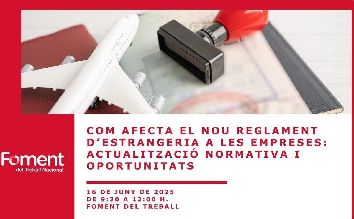 ⏰ Demà analitzem els reptes i oportunitats del nou Reglament de la Llei d’Estrangeria, en una jornada amb el suport de la <a href="/gencat/">Generalitat de Catalunya</a>.

🔍 Canvis estructurals, integració laboral i implicacions per a l’empresa catalana.

Encara et pots inscriure: foment.com/events/com-afe…

Amb