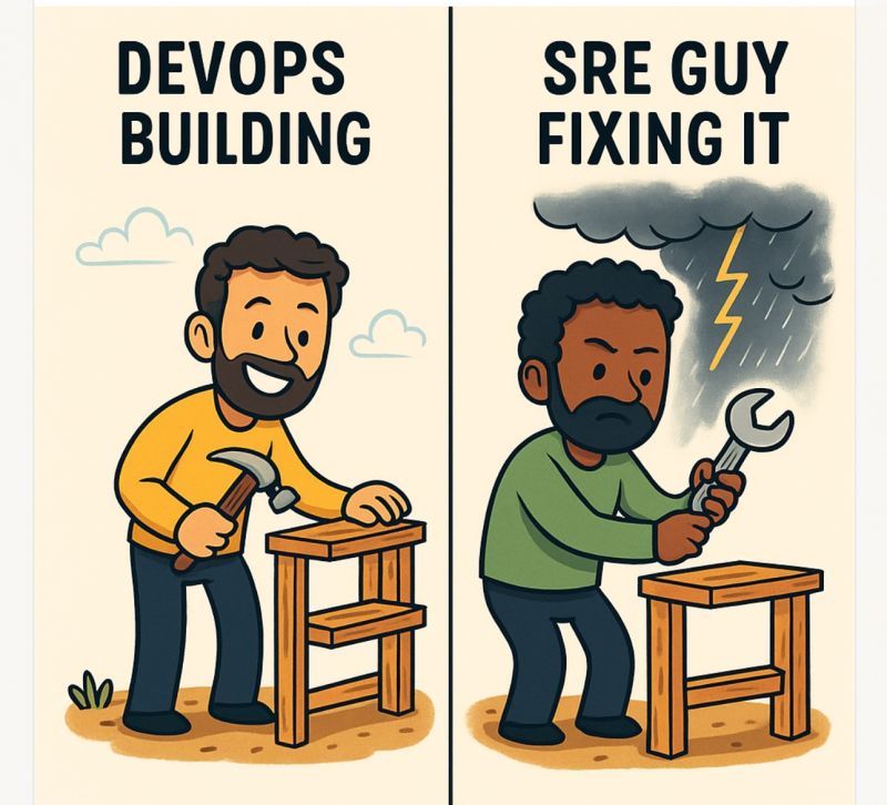 👷‍♂️ DevOps builds it.
🛠️ SRE keeps it running.

In fast-paced teams:
🔧 DevOps = speed (CI/CD, IaC, automation)
⚡ SRE = stability (SLAs, observability, incidents)

💡 DevOps = Velocity
💡 SRE = Reliability
🚀 You need both to win.