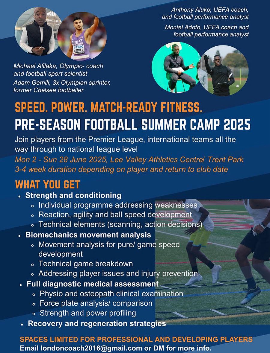 SPACES LIMITED FOR PROFESSIONAL AND DEVELOPING PLAYERS LOOKING TO TAKE THEIR GAME TO THE NEXT LEVEL 

DM for more Information!!! ⚽️
