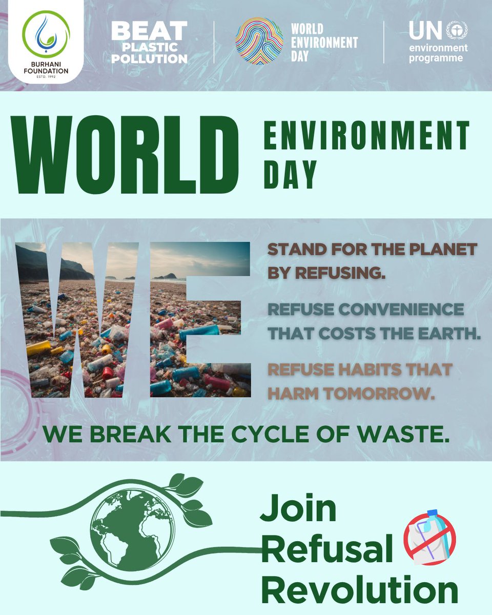 BFI_environment's tweet photo. This World Environment Day, we are refusing the convenience of plastic that will harm our planet's future. Join the 'Refusal Revolution' to contribute to a greener and safer future. #worldenvironmentday #refusalrevolution #beattheplastic https://t.co/MZm7zDSf4u