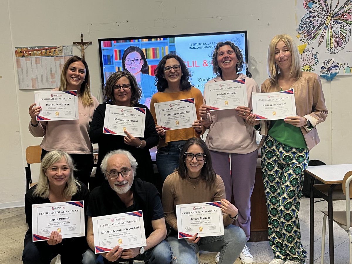 oracy_lab's tweet photo. 🎉 Highlights from our CLIL Methodology Course at I.C. Manzoni-Lanzi in Corridonia!

Thanks to PNRR funding, a fantastic group of teachers completed their training and received certificates 👏

Thanks for your energy and teamwork, we’re so proud of you all!
#CLIL #PNRR  #oracylab https://t.co/W8kuZ5Qb2e