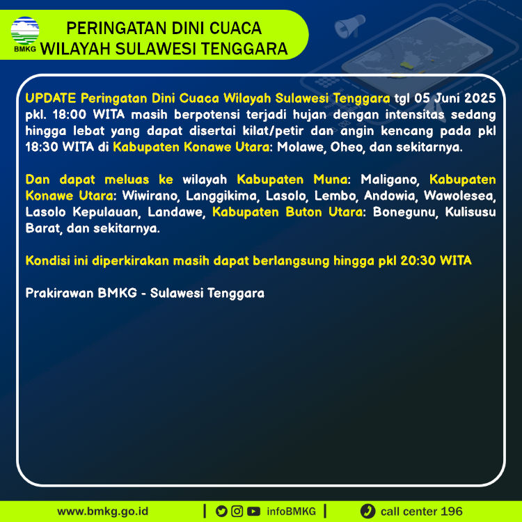 infoBMKG's tweet photo. Update Peringatan Dini Cuaca Wilayah - Sulawesi Tenggara Tgl. 05 Juni 2025 pkl. 18:30 WITA
Prakirawan - BMKG - Sulawesi Tenggara
https://t.co/VNHmSM06Jl https://t.co/4daTIqPciP