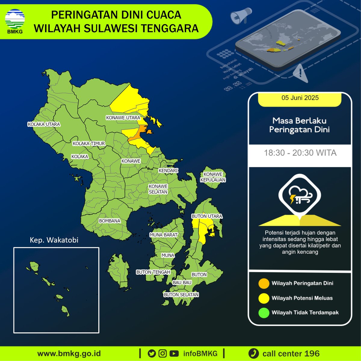infoBMKG's tweet photo. Update Peringatan Dini Cuaca Wilayah - Sulawesi Tenggara Tgl. 05 Juni 2025 pkl. 18:30 WITA
Prakirawan - BMKG - Sulawesi Tenggara
https://t.co/VNHmSM06Jl https://t.co/4daTIqPciP