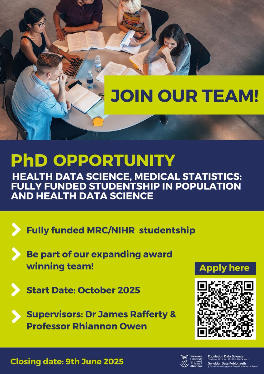 Population Data Science at Swansea University (@popdatasci_su) on Twitter photo New fully funded #PhD opportunity in Population and Health Data Science 👇
Funded by <a href="/The_MRC/">Medical Research Council</a> & <a href="/NIHRresearch/">National Institute for Health and Care Research</a>
Work on The CHILI Hub program which aims to accelerate the UK’s transition to a green economy.
⏰ 9th June
✏️Apply now: swansea.ac.uk/postgraduate/s…
<a href="/RhiannonKOwen/">Rhiannon K Owen</a> New fully funded #PhD opportunity in Population and Health Data Science 👇
Funded by <a href="/The_MRC/">Medical Research Council</a> & <a href="/NIHRresearch/">National Institute for Health and Care Research</a>
Work on The CHILI Hub program which aims to accelerate the UK’s transition to a green economy.
⏰ 9th June
✏️Apply now: swansea.ac.uk/postgraduate/s…
<a href="/RhiannonKOwen/">Rhiannon K Owen</a>