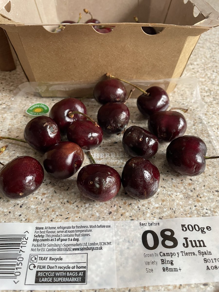 mrsengie's tweet photo. @sainsburys appalling fruit! £5 for cherries with only 8 edible. Bought yesterday.  Don’t live near a store so getting a refund posted on a gift card - forcing me to shop again with them! https://t.co/H9aPkFClyq
