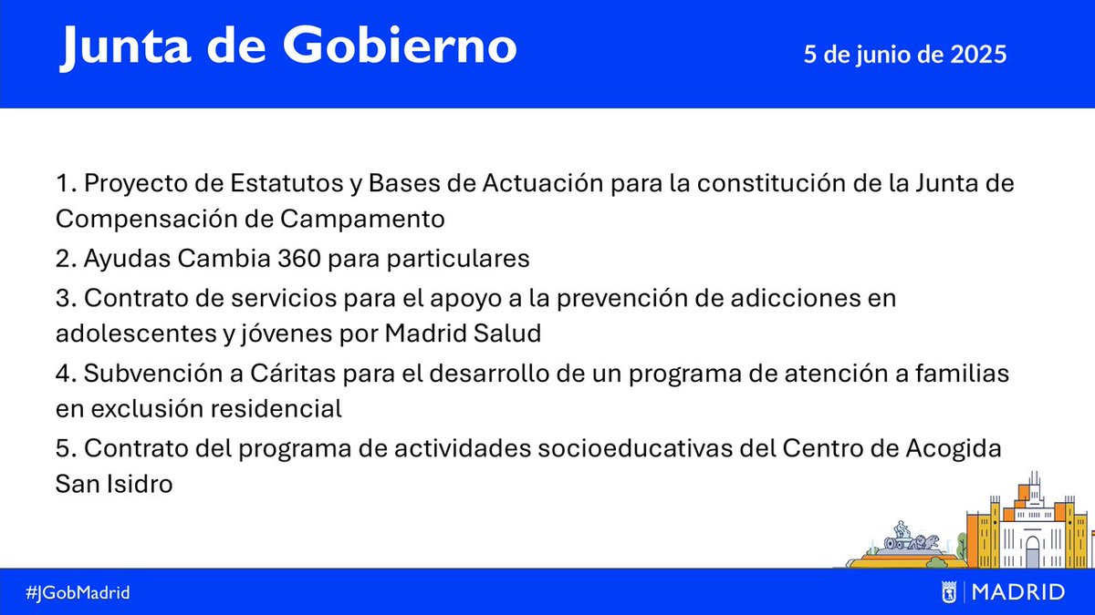 📣 Estos son los principales acuerdos aprobados hoy en la Junta de Gobierno del 5 de junio de 2025. #JGobMadrid