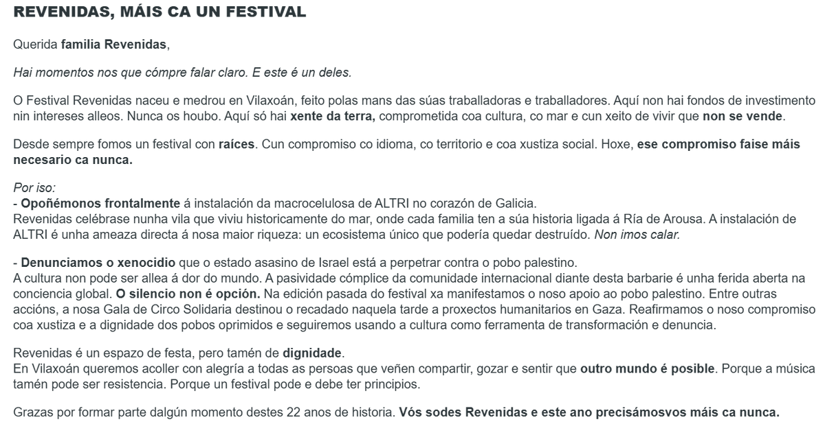 Con este correo que acaba de chegarme do Festival <a href="/Revenidas/">Festival Revenidas</a> acaban de gañarse que lles compre a entrada para este ano.

Dignidade, coherencia e de quitarse o sombreiro 🎩