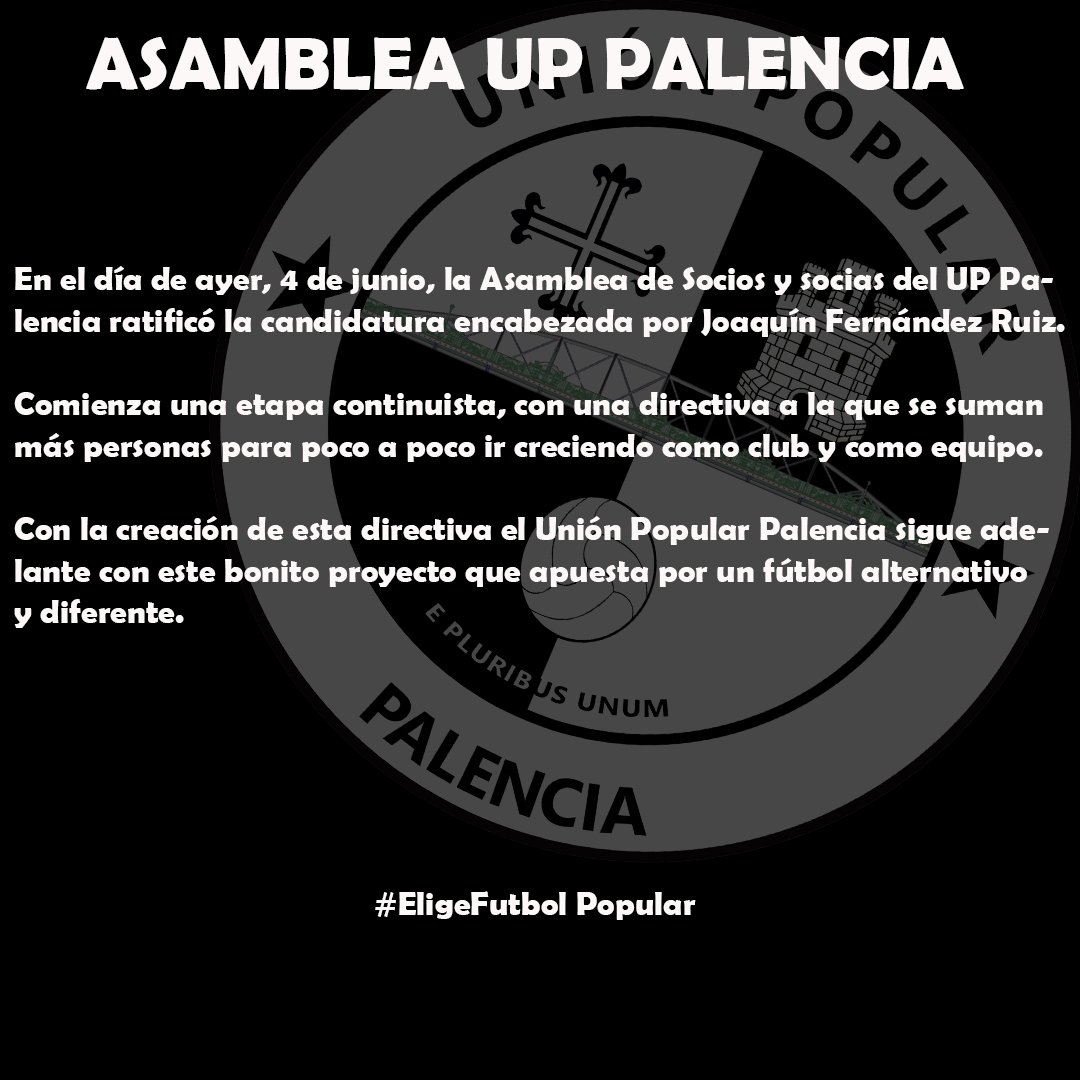 UPPalencia's tweet photo. ELECCIONES 

Comenzamos la temporada 25/26 dando continuidad al Proyecto del Unión Popular Palencia.

#EligeFutbolPopular https://t.co/c1Ws1FClCz