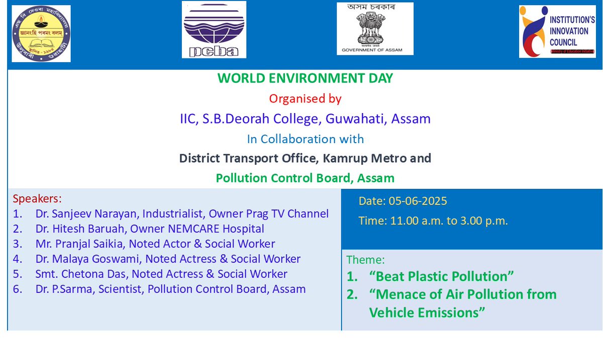 sbdeorahcollege's tweet photo. World Environment Day 2025 is being organized by the IIC, S.B.Deorah College in collaboration with District Transport Office (DTO) Kamrup Metro and Pollution Control Board, Assam. The programme started with plantation of trees by the distinguished invitees and speakers.... https://t.co/XI2XZ71T0S