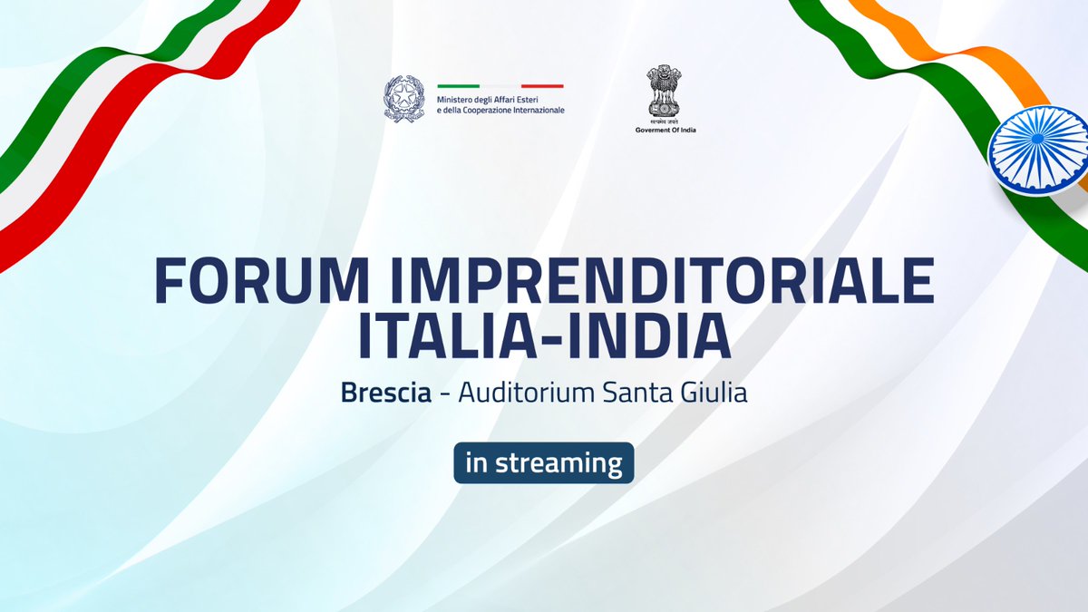 Farnesina 🇮🇹 (@italymfa) on Twitter photo 📽️Min <a href="/Antonio_Tajani/">Antonio Tajani</a> e Min del Commercio e Industria indiano <a href="/PiyushGoyal/">Piyush Goyal</a>, aprono la sessione plenaria del Forum imprenditoriale Italia🇮🇹-India🇮🇳 che riunisce Istituzioni e imprese per rafforzare la cooperazione economico-commerciale.
Segui la diretta👇 youtube.com/live/PLQ2vkDCG… 📽️Min <a href="/Antonio_Tajani/">Antonio Tajani</a> e Min del Commercio e Industria indiano <a href="/PiyushGoyal/">Piyush Goyal</a>, aprono la sessione plenaria del Forum imprenditoriale Italia🇮🇹-India🇮🇳 che riunisce Istituzioni e imprese per rafforzare la cooperazione economico-commerciale.
Segui la diretta👇 youtube.com/live/PLQ2vkDCG…