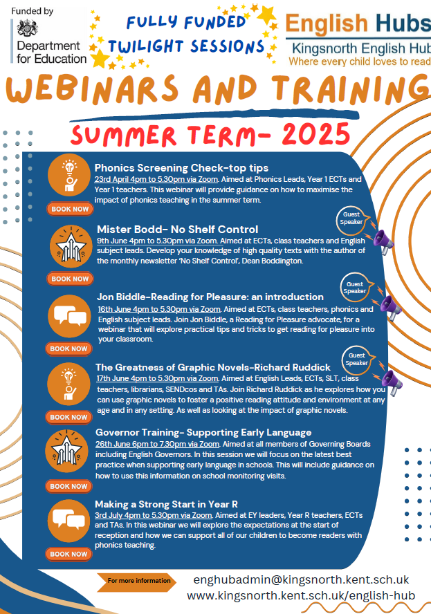 Our exciting summer CPD kicks off on Monday! Booking links for all of the sessions below can be found on our website:
kingsnorth.kent.sch.uk/showcase

#readingforpleasure #graphicnovels #englishhub #EYFS