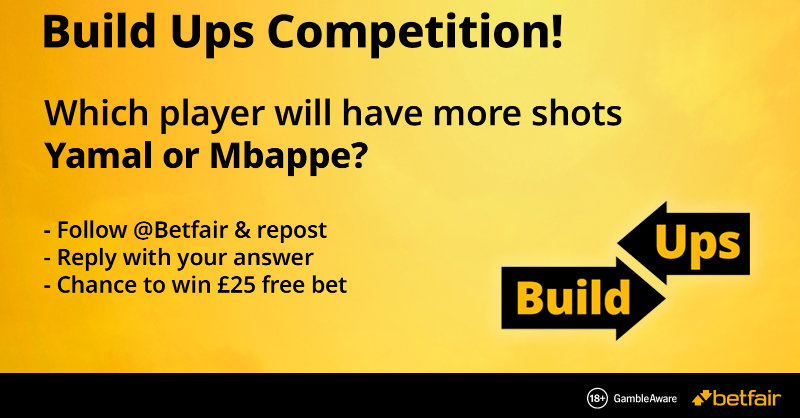 Betfair's tweet photo. #BuildUps Competition! π
Which player will have more shots, Lamine Yamal or Kylian Mbappe?
Follow, repost and guess correctly - you could win a Β£25 free bet!
Click below for T&C's.