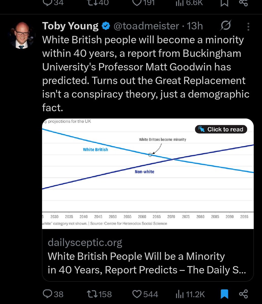1/Goodwin gets his junk paper into the Telegraph, while his FSU colleague and Badenochs new Tory peer Toby Young uses it to promote the Great Replacement Theory as "fact"

Youngs TL increasingly looks like a UK Infowars