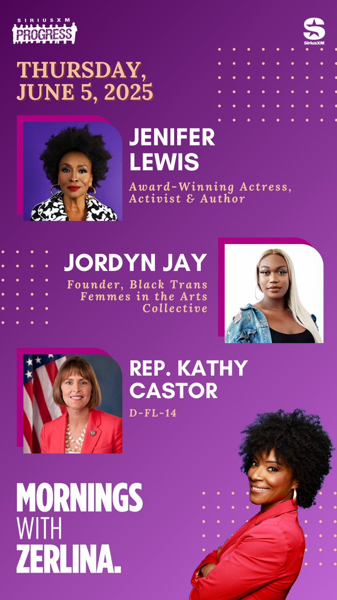 ZerlinaMornings.bsky.social (@zerlinamornings) on Twitter photo Hello Thursday! Joining Zerlina on the show this morning: Actress, activist, and author <a href="/JeniferLewis/">Jenifer Lewis</a>, <a href="/BTFAcollective/">Black Trans Femmes in the Arts</a> founder Jordyn Jay + <a href="/USRepKCastor/">U.S. Rep. Kathy Castor</a> of FL-14!
βοΈ 866-997-4748
π» <a href="/SiriusXMProg/">SiriusXMProg.bsky.social</a> Ch. 127
siriusxm.us/Zerlina Hello Thursday! Joining Zerlina on the show this morning: Actress, activist, and author <a href="/JeniferLewis/">Jenifer Lewis</a>, <a href="/BTFAcollective/">Black Trans Femmes in the Arts</a> founder Jordyn Jay + <a href="/USRepKCastor/">U.S. Rep. Kathy Castor</a> of FL-14!
βοΈ 866-997-4748
π» <a href="/SiriusXMProg/">SiriusXMProg.bsky.social</a> Ch. 127
siriusxm.us/Zerlina