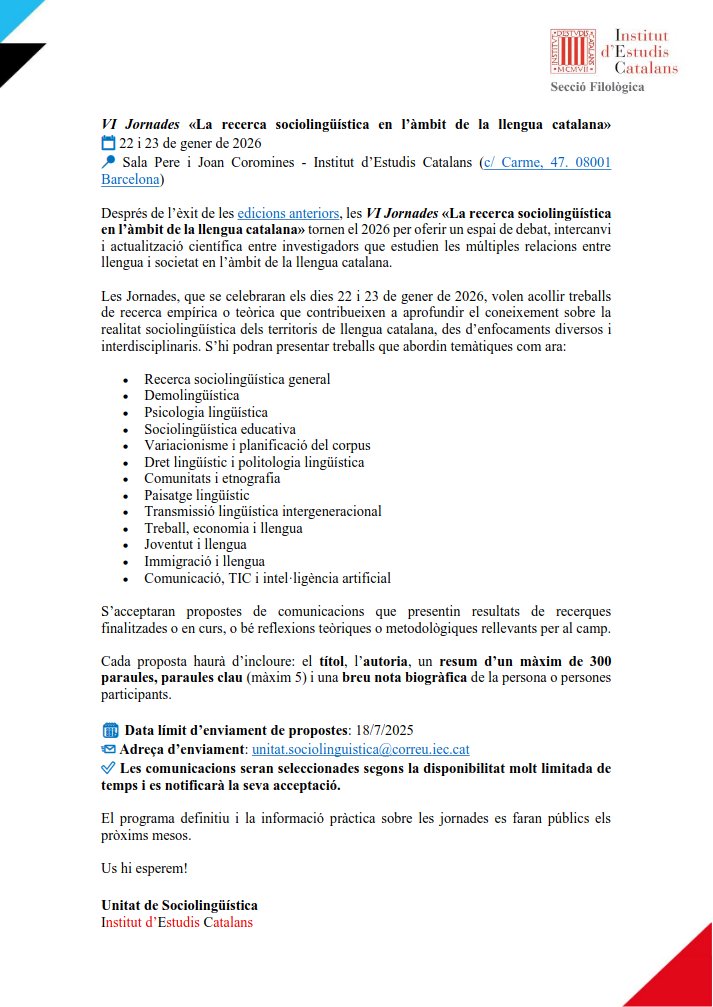 VI Jornades «La recerca sociolingüística en l’àmbit de la llengua catalana» | Unitat de Sociolingüística - Secció Filològica sf.iec.cat/event/vi-jorna…