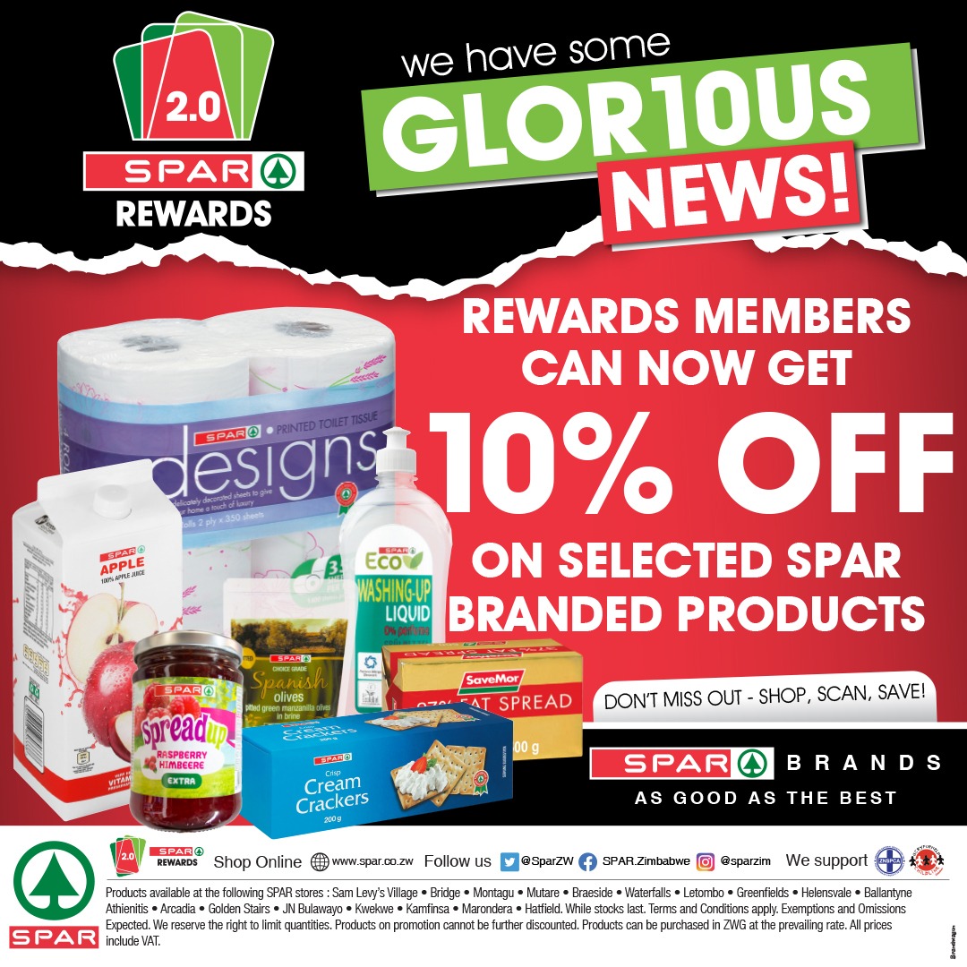 SPAR Rewards 2.0 just keeps getting better!  Now you can get 10% off selected SPAR Brands every time you shop at participating SPAR Zimbabwe stores.  What RU waiting 4?  Sign up today!
#SPARZimbabwe #Rewards2.0 #BetterTogether