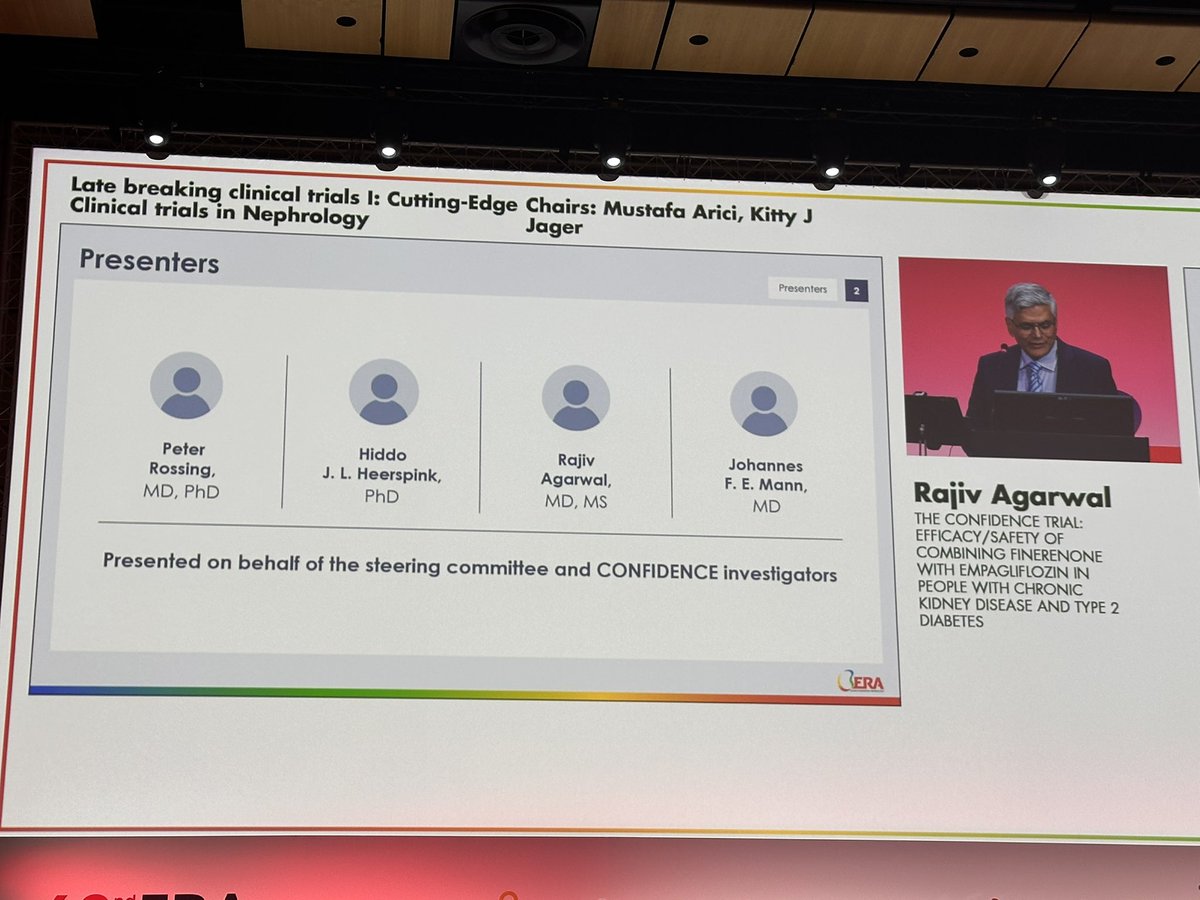 #ERA25 #BeyondNephrology
1/And now one of the most awaited sessions in Late Breaking Clinical Trials 1: Cutting-Edge Clinical Trials in #Nephrology🥁

🚨 THE CONFIDENCE TRIAL: EFFICACY/SAFETY OF COMBINING FINERENONE WITH EMPAGLIFLOZIN IN PEOPLE WITH CHRONIC KIDNEY DISEASE AND