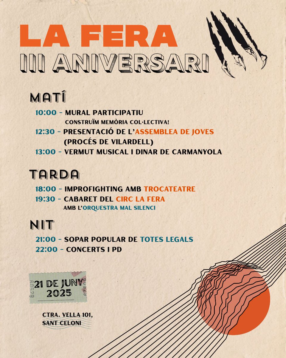 i vet aquí, que La Fera fa 3 anys!❤‍🔥

El 21/06 celebrem el 3r aniversari del Casal La Fera i estem preparant una jornada plena d’activitats per gaudir i fer memòria de tot el camí recorregut. 

Vine a compartir i seguir construint aquest espai col·lectiu. Ens hi veiem!🔥✨