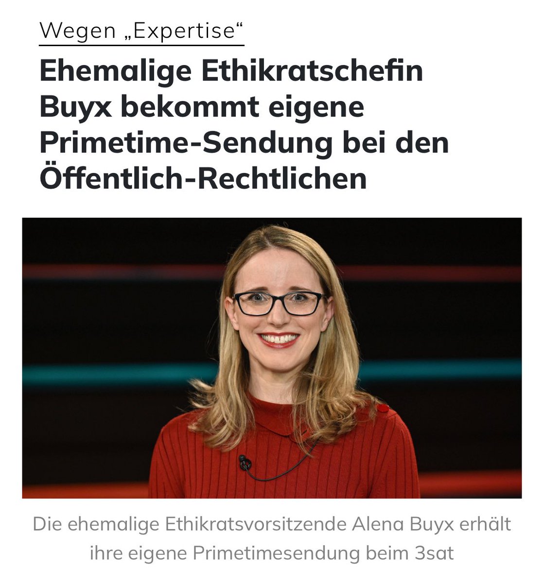 Menschenverachtung zwangsfinanziert: Die moralisch verkommenste Corona-Hetzerin, Buyx, erhält beim ÖRR eine eigene Sendung🤮. 
In einem Rechtsstaat wäre diese Frau hinter Gittern und nicht in einem Fernsehstudio.