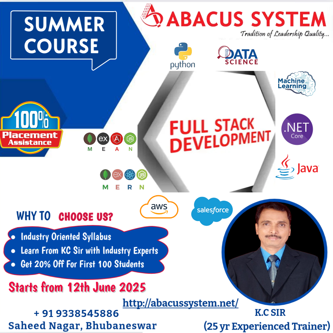 abacus_system's tweet image. Join our industry-driven Full Stack Development Summer Course and boost your career in software development and IT. 
#SummerCourse2025 #fullstackdevelopment #abacus_system #TechTraining #CareerGrowth  #CareerInTech #careers #TechEducation #SkillUp2025 #onlinelearning #EnrollNow