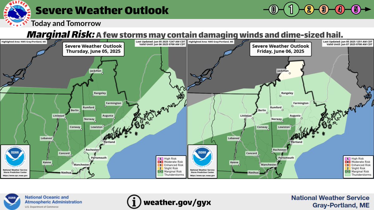 Isolated strong to severe storms possible today and again on Friday. The best timing for storms will be after 2 pm through the evening hours. Any stronger storms would be capable of producing damaging winds, lightning, hail, and heavy rainfall. #nhwx #mewx