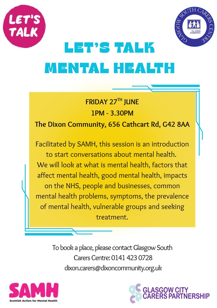 We are running a 'Let's Talk Mental Health' session on Friday 27th June, facilitated by SAMH.

👉1pm - 3.30pm
👉The Dixon Community, 656 Cathcart Road, G42 8AA

To book a place, please contact your support worker or call 0141 423 0728

#LetsTalk