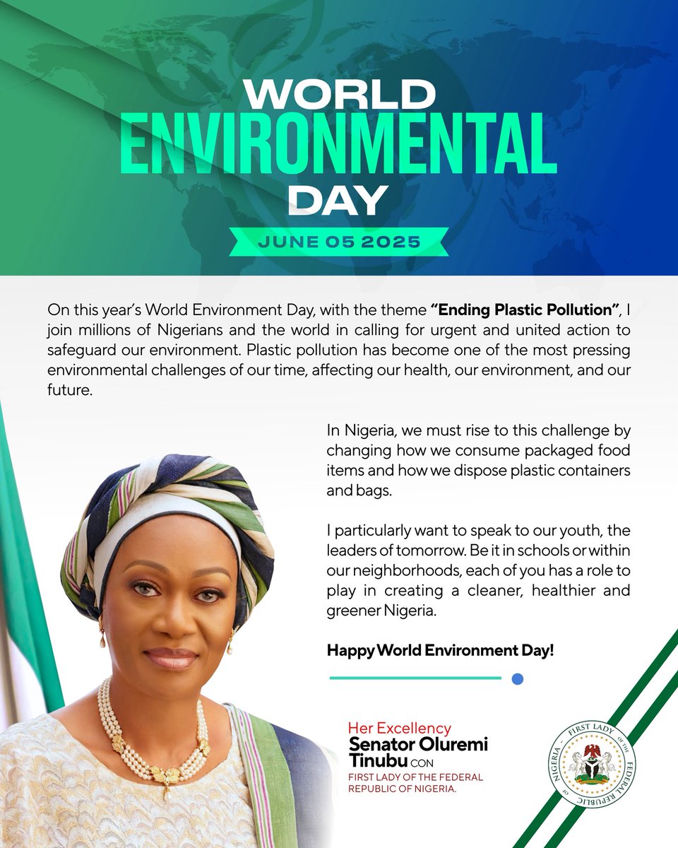 On this year’s World Environment Day, with the theme “Ending Plastic Pollution”, I join millions of Nigerians and the world in calling for urgent and united action to safeguard our environment. Plastic pollution has become one of the most pressing environmental challenges of our