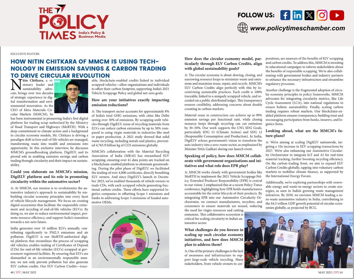 thepolicytimes's tweet image. From Scrap to Carbon Credits — Nitin Chitkara, CEO, MMCM

In a chat with The Policy Times, he shares how #DigiELV is transforming vehicle scrappage into a blockchain-powered, zero-waste revolution. 🌱

#CarbonCredits #CircularEconomy #NetZeroIndia #MMCM #EPR #MoRTH #GreenTech