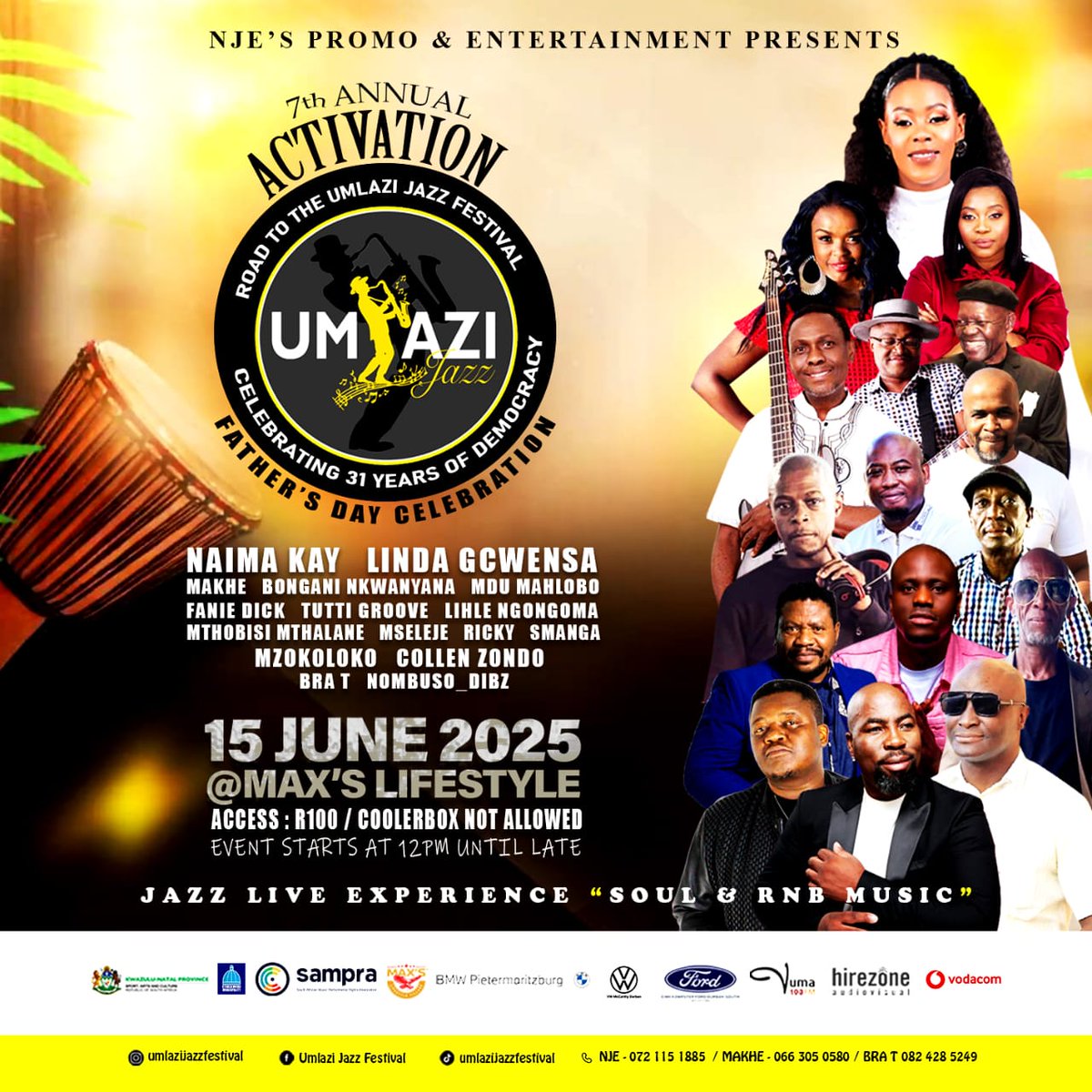 Vuma FM (@vumafm) on Twitter photo Join us for the 7th annual Road To The <a href="/UmlaziJazz/">Umlazi Jazz</a>
Festival this Father’s Day, Sunday, 15 June, at <a href="/MaxsLifestyle/">Max's Lifestyle </a>. Enjoy live jazz, soul, and R&B; delicious food; family fun; and a vibe dad will love. R100 at the gate, cooler box not allowed, starts at 12pm till late. Join us for the 7th annual Road To The <a href="/UmlaziJazz/">Umlazi Jazz</a>
Festival this Father’s Day, Sunday, 15 June, at <a href="/MaxsLifestyle/">Max's Lifestyle </a>. Enjoy live jazz, soul, and R&B; delicious food; family fun; and a vibe dad will love. R100 at the gate, cooler box not allowed, starts at 12pm till late.