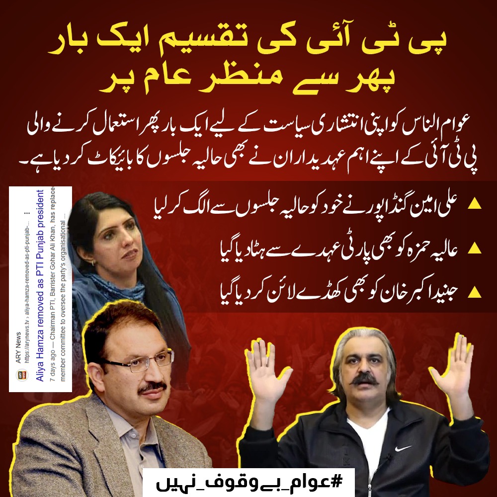 پی ٹی آئی کی اندرونی تقسیم ایک بار پھر واضح ہوگئی ہے۔ پارٹی کےاہم رہنماؤں نےخودکوحالیہ جلسوں سےالگ کرکےواضح کردیاہےکہ اب جماعت کے اندر اتحاد کا نام و نشان نہیں رہا۔علی امین گنڈا پور،عالیہ حمزہ اورجنید اکبر کی پوزیشنزمیں بڑی تبدیلیاں پارٹی کےبحران کوظاہر کرتی ہیں
#عوام_بےوقوف_نہیں