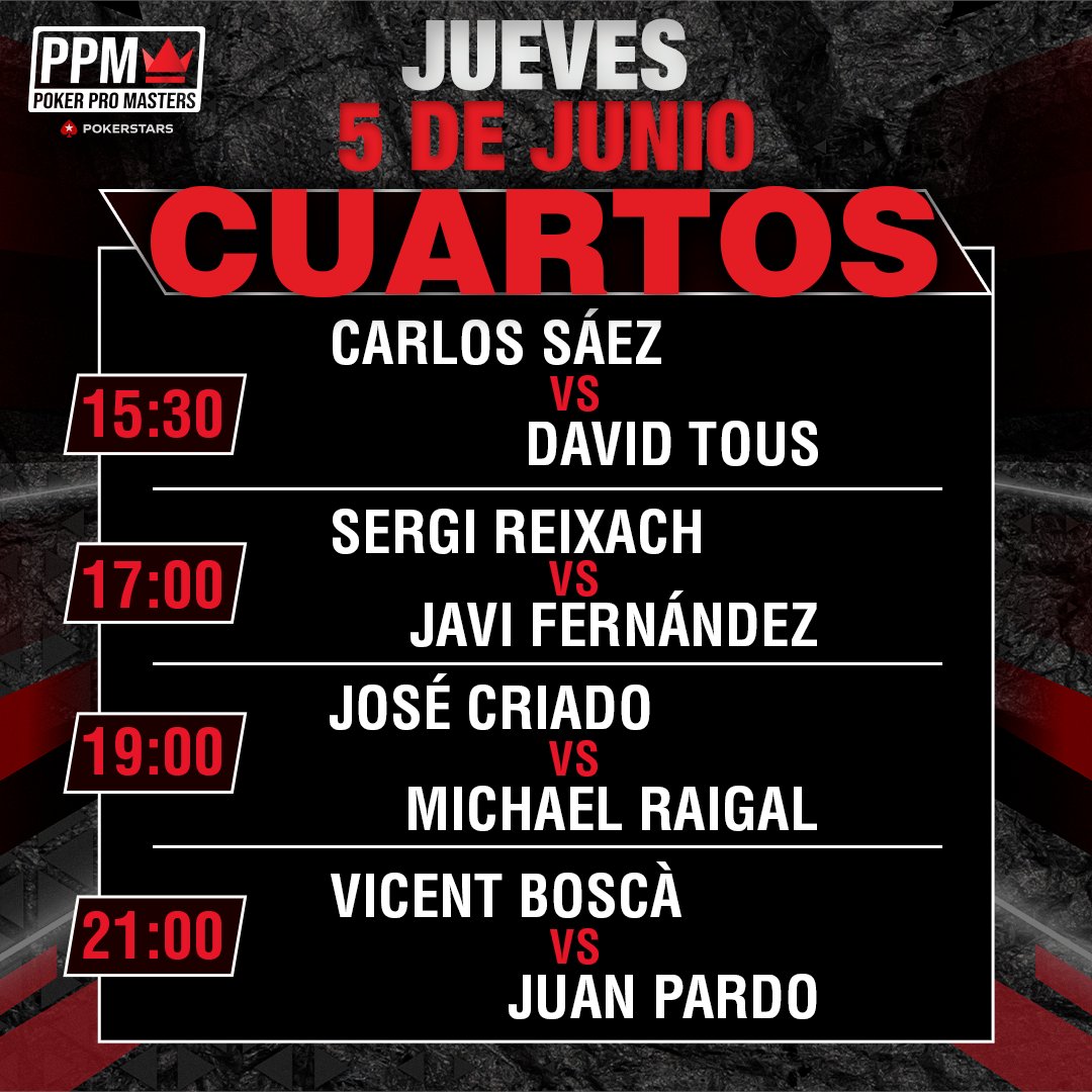 Poker-Red (@poker_red) on Twitter photo 📍 HOY se juegan los CUARTOS de FINAL del <a href="/pokerpromasters/">Poker Pro Masters 👑</a> 🔥
🃏 4 duelos al BO7
⏰ Desde las 15:30
🎯 ¡En juego la Final Four en <a href="/CasinoBarcelona/">Casino Barcelona</a> durante el #EPTBarcelona <a href="/PokerStarsSpain/">PokerStars España</a>!
📺twitch.com/pokerred
📸 Todos los emparejamientos y horarios: 📍 HOY se juegan los CUARTOS de FINAL del <a href="/pokerpromasters/">Poker Pro Masters 👑</a> 🔥
🃏 4 duelos al BO7
⏰ Desde las 15:30
🎯 ¡En juego la Final Four en <a href="/CasinoBarcelona/">Casino Barcelona</a> durante el #EPTBarcelona <a href="/PokerStarsSpain/">PokerStars España</a>!
📺twitch.com/pokerred
📸 Todos los emparejamientos y horarios: