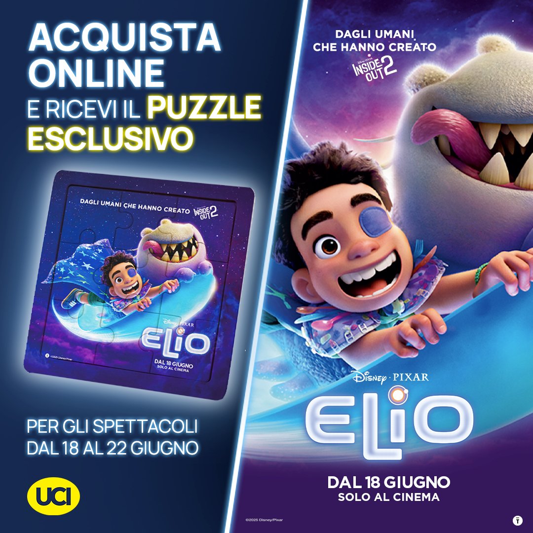 🌟 Apertura prevendite per Elio! 🌟

Non perdere la nuova avventura Pixar che ti porterà tra le stelle! 🚀✨

Acquista il tuo biglietto online per il primo weekend di uscita e ricevi in regalo il puzzle esclusivo del film!🎟️

ucicinemas.it/film/elio