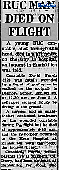 OnThisDayPIRA's tweet photo. #OnThisDay in 1973 the IRA murdered David Purvis, 22. Engaged. RUC shot from a car, Belmore St, Enniskillen. Colleague escaped. In 1971 he &amp; RUC risked their lives evacuating the Town Hall &amp; 1972 saved cat &amp; money in Kilskeery fire. Maguire acquitted but jailed for terrorism #OTD https://t.co/XnLiXlueVp