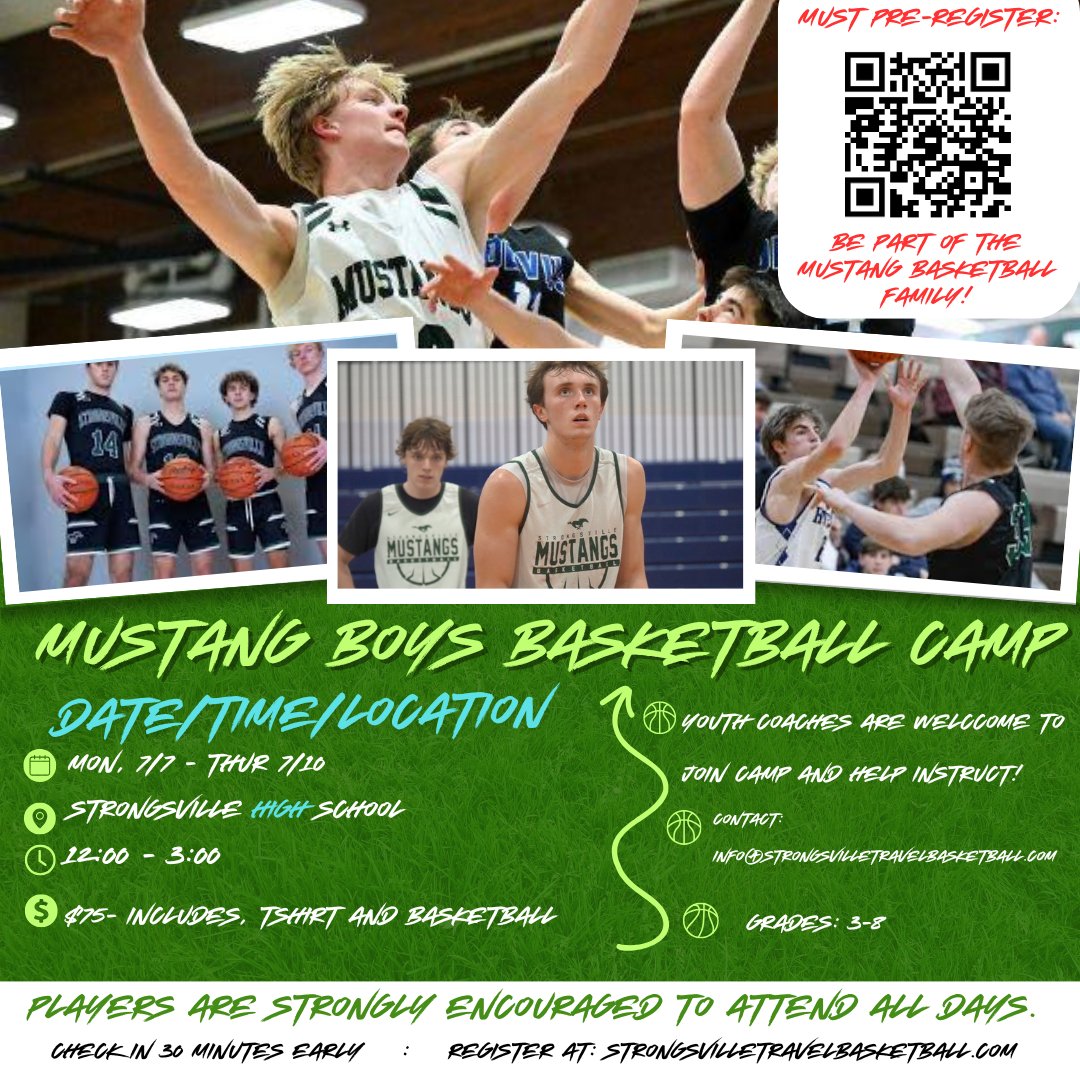 Attention Boys Basketball Players in Grades 3-8! The Boys Youth Basketball Camp has been finalized. We hope to see you there! Details are in the pic and the registration link is here- strongsvilletravelbasketball.com