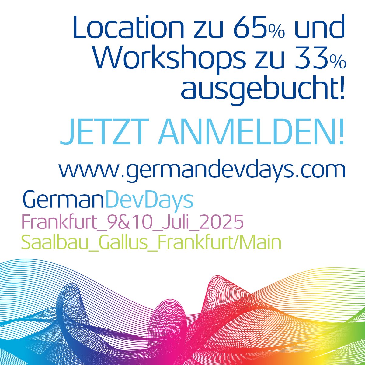 In etwas mehr als einem Monat findet die siebte GDD - #GermanDevDays Konferenz statt und unsere Location, der Saalbau Gallus in Frankfurt, wird proppe voll sein. Aktuell ist die Location zu 65% ausgebucht und die Workshops zu 33%. Wer sich also noch nicht für ein Ticket