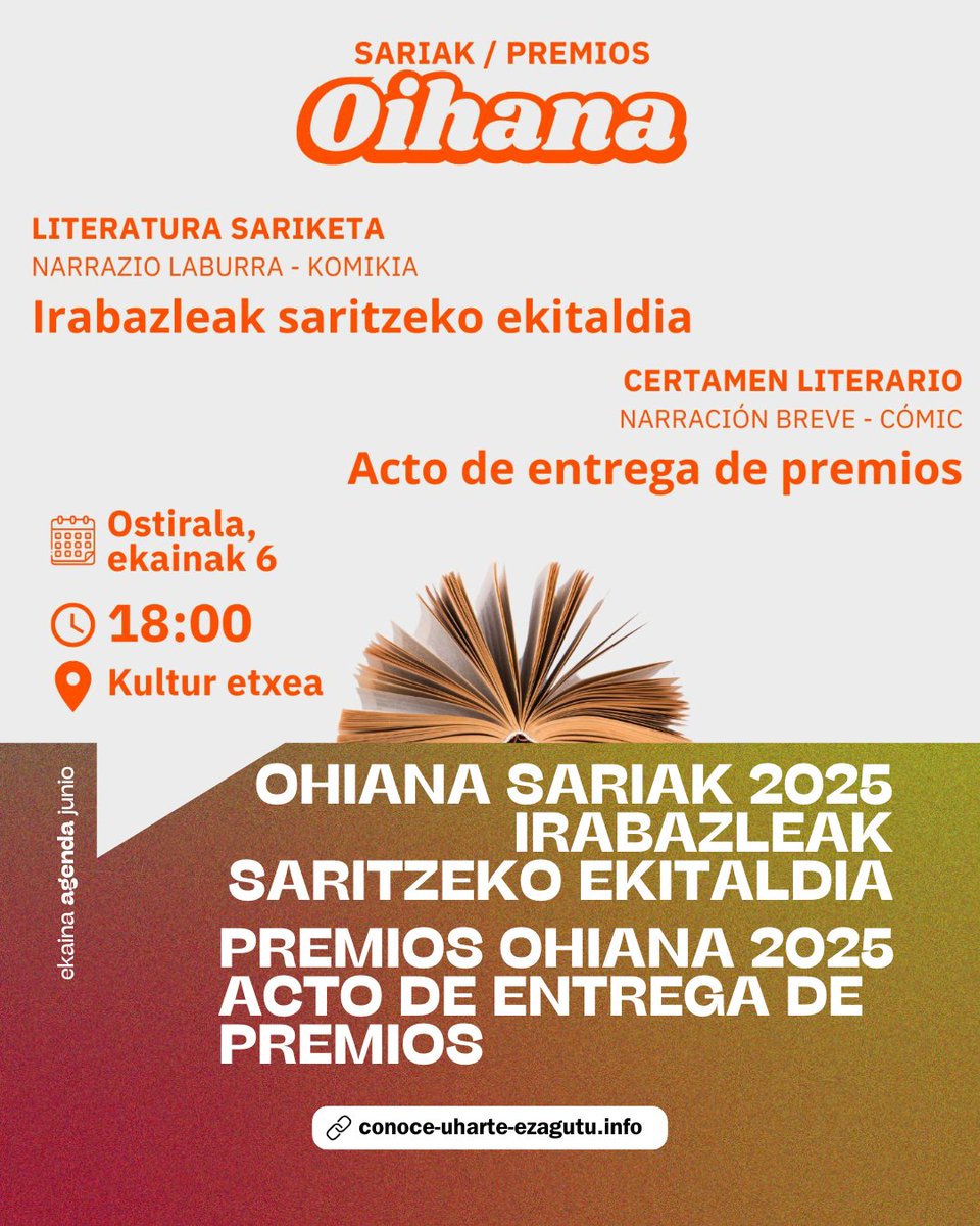 ENTREGA DE PREMIOS 
PREMIOS OIHANA 2025
huarte.es/eventos/eguzki…