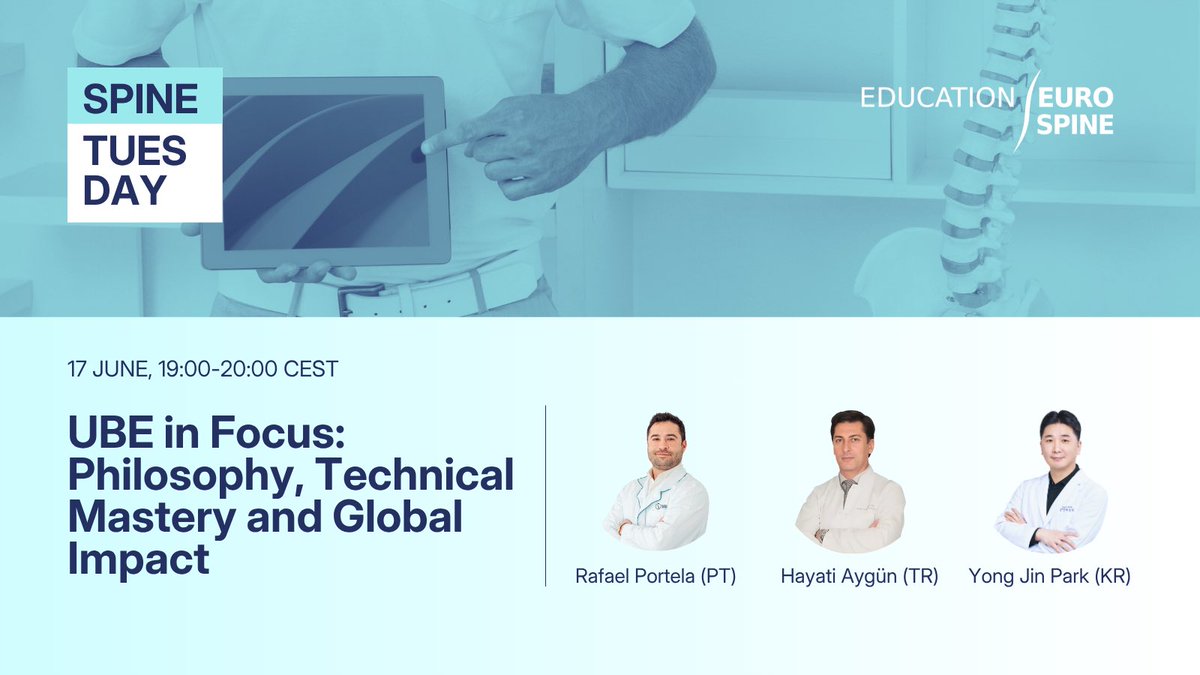 Spine surgeons: Don’t miss the upcoming EUROSPINE webinar
"UBE in Focus: Philosophy, Technique &amp; Global Impact"
June 17, 19:00 CEST | Free and online
Learn real-world surgical strategies from global experts
Register: eurospine.org/events/spine-t…
#SpineSurgery #UBE #MISspine #EUROSPINE