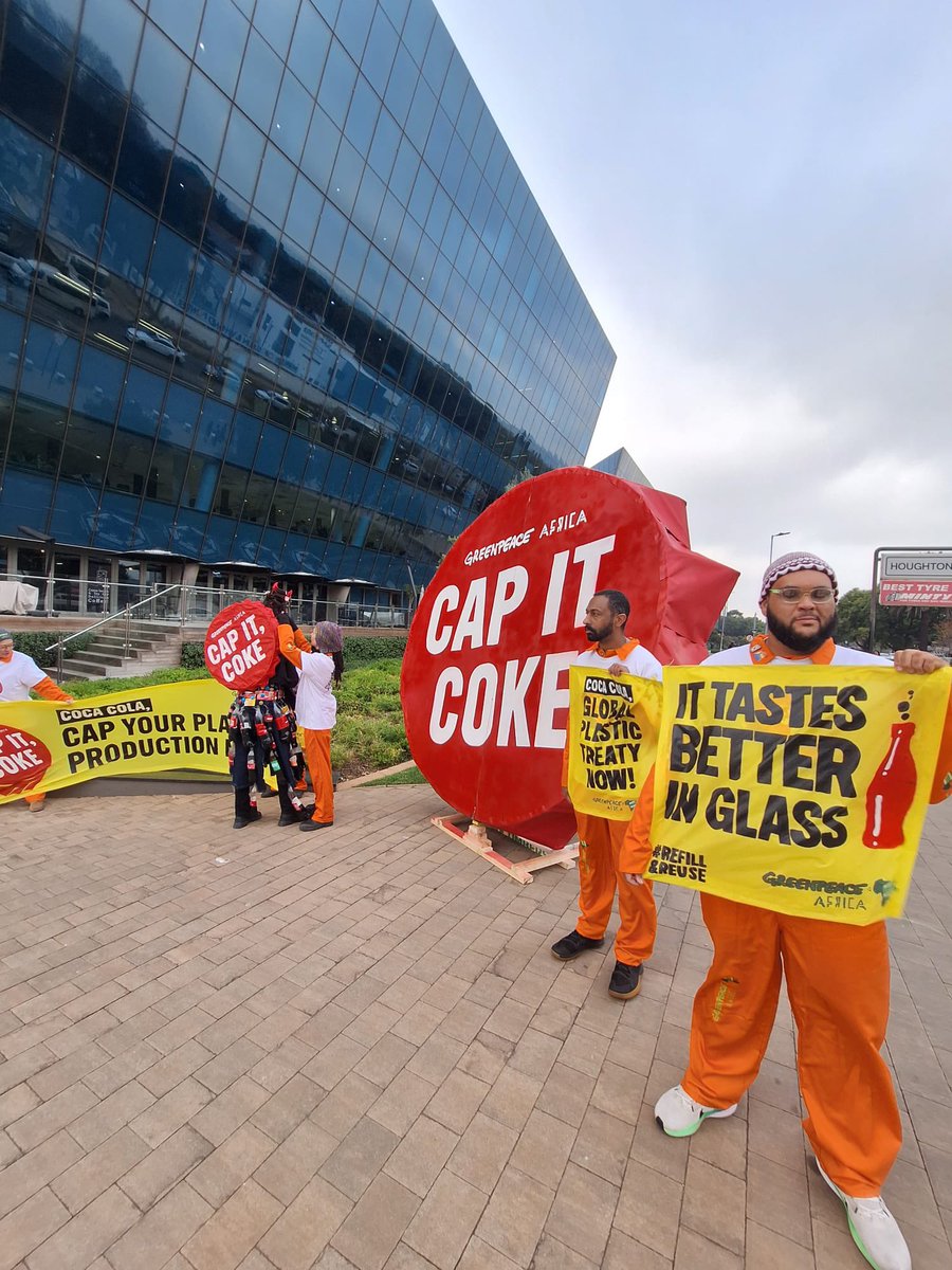 HellenDena's tweet photo. Coca-Cola is the number 1 plastic polluter globally producing 120 billion throwaway plastic bottles a year, that is why @Greenpeaceafric activists staged a protest outside their corporate offices in Johannesburg #BeatPlasticPollution #WorldEnvironmentDay2025 https://t.co/AaT3TFua3D